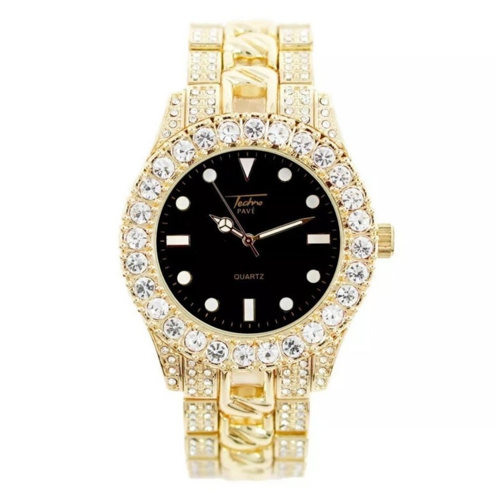 18K Gold Finish Iced Out Presidential Cuban Watch
